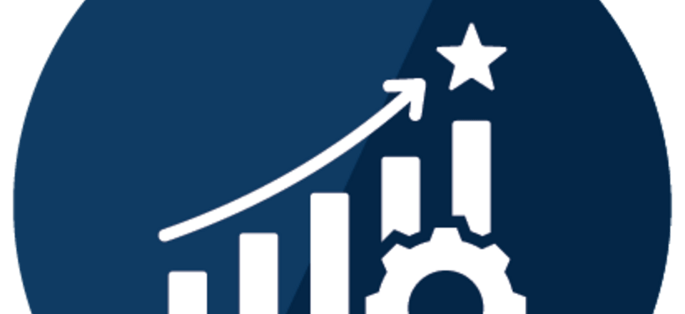 Bar graph showing an increase with a star at its height, with a cogwheel at the bottom