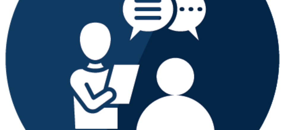 Two people discussing something with speech bubbles against a dark background. The first person is holding a page.