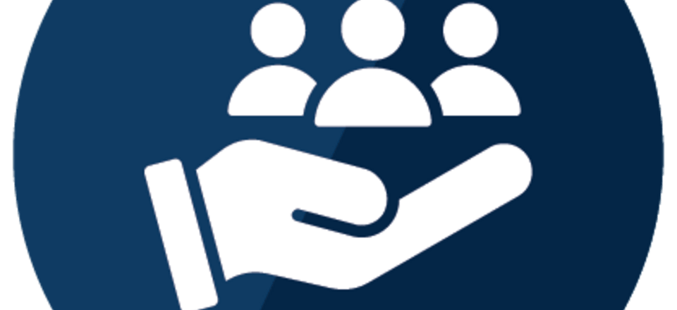 Hand against a dark background holding icons of three people facing forward
